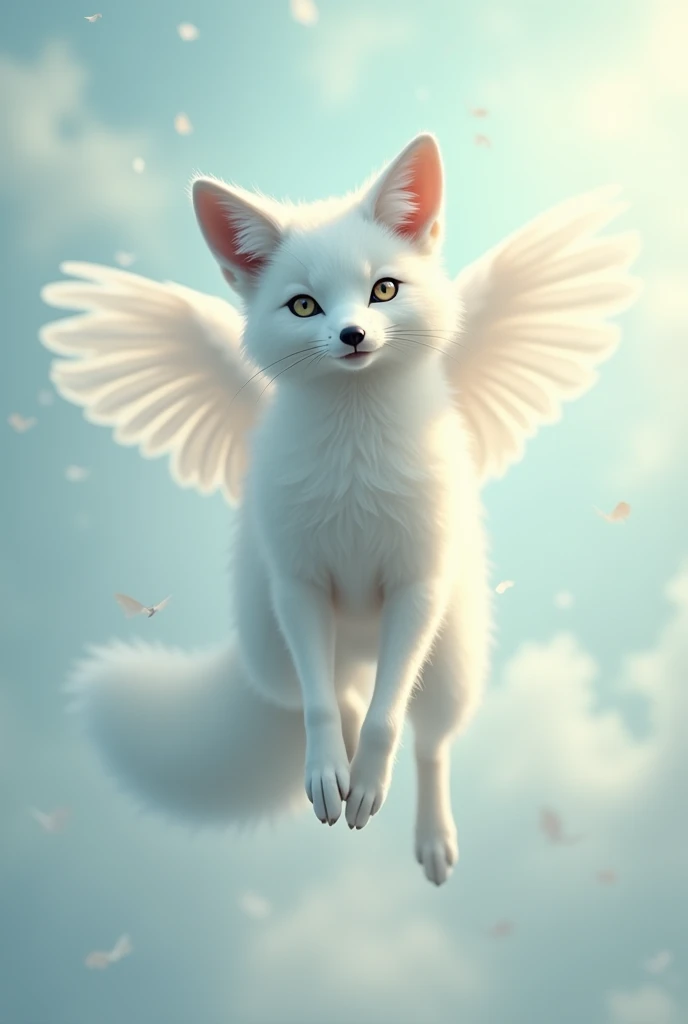 Make a hyperrealistic white fox with wings levitating in the sky, Let the fox look at you from the front. That its levitating. Let me look at you happy. Let it be an elegant image . 