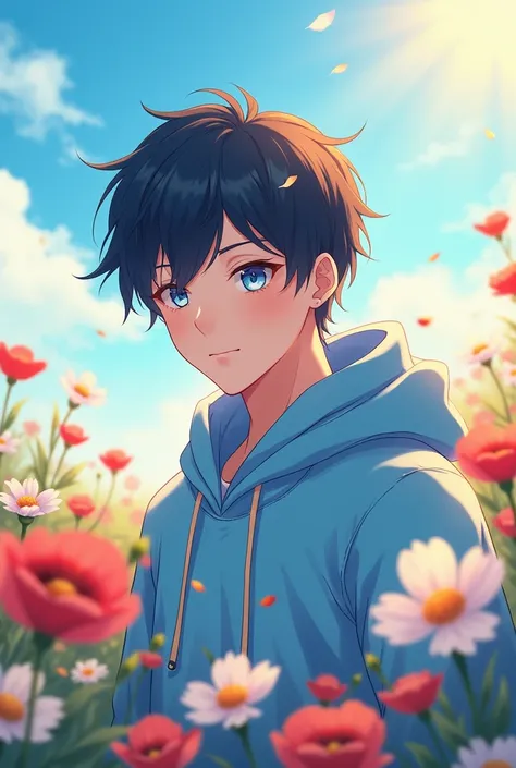 Anime man with soft face ,  blue-eyed with dark hair using sky blue hoodie,  against background of flower field on sunny day .  Leads to kamrea with sweet smile 