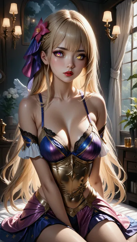 (masterpiece, aesthetic, detailed eyes, realistic), 1girl, mahiru shiina, angel next door spoils me rotten, Long smooth straight golden hair, purple to golden gradient eyes, sitting in a room in  fantasy lingerie themed clothes, super detail, best quality,...