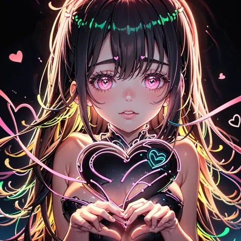 1girl,Chibi、 best detail、cute、 Neon Color Gradation Hair Color、 pink and brown dress 、 Heart Chocolate、Valentine、 fantasy 、 absurd、 neon lights enhance cuteness、世界一cute絵、Valentineday、 cowboy shot、Big pink ribbon at the corner of campus、Box of chocolates 、 ...