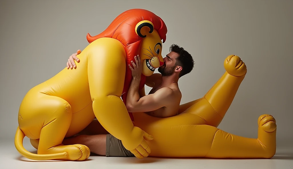 Realistic, man stretching open and getting inside putting on a skintight living inflatable simba costume while kissing him, simba has devious grin, inflatable, air filled toy with seams and a valve, rubbery shine and texture, simba from lion king