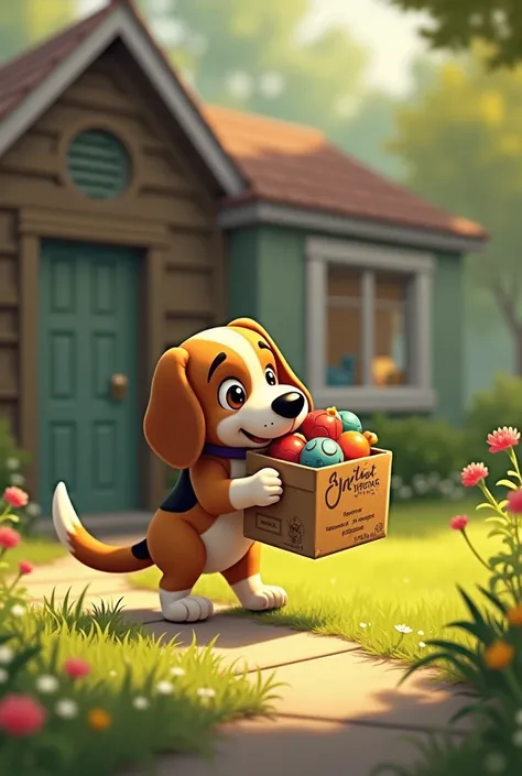 Description: popcorn, o beagle,  bringing a box of old toys .  He places them in front of Lucas house carefully.
text: "And they found hidden gifts ."