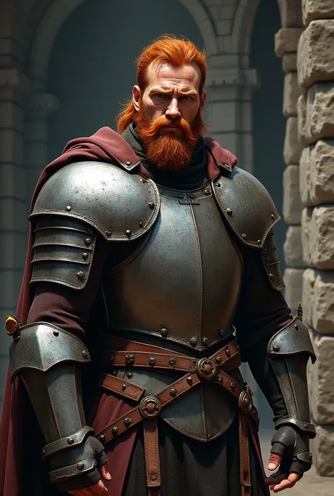 An image of a man with red hair and goatee wearing armor thats scratched and worn in a castle depicting preparing for battle