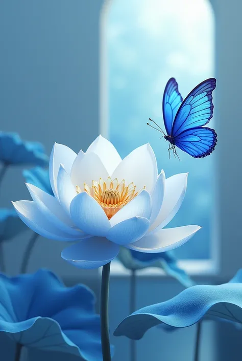 A stunning rendered image capturing a magical and romantic scene. It features a delicately arranged blue and white lotus flower, with a beautifully crafted heart displaying Sunli in elegant bold script, adding a personal touch. A vibrant blue butterfly wit...