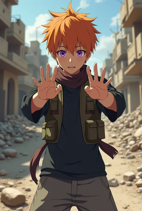 Japanese man 20 years old,Short spiky orange hair,Purple eyeballs with circular patterns like lollipops,Black long sleeve casual t-shirt,Bulletproof vest,Gray 3/4 pants, flip flops,Martial arts horse stance pose,Showing ten fingers to the camera,Bulletproo...