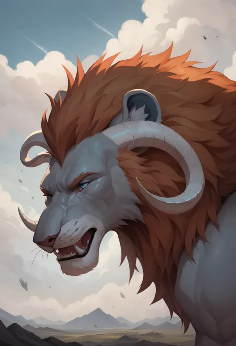 "A huge, powerful hybrid creature, combining a lion and a ram, with a thick, shaggy mane and large, curved horns. The creature roars ferociously as it charges forward. Behind it is a rugged, barren landscape, with clouds of dust rising around it. "The sky ...