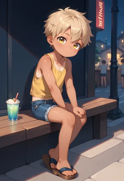 little 4-yr old boy, young, cute, young, little, short, thin, Age Regression, youthful, Shotacon, Shota, tan skin, tan line, gold balayage hair, yellow tank top Jeans shorts, sandals, sitting, looking at the viewer, street at night background, dim light