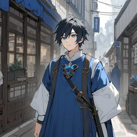 A young Asian Japanese man with black hair, seawater blue eyes, wearing a ji-gun, medieval blue dress and a blue butterfly-shaped brooch attached to his shirt, stood in the shopping district.