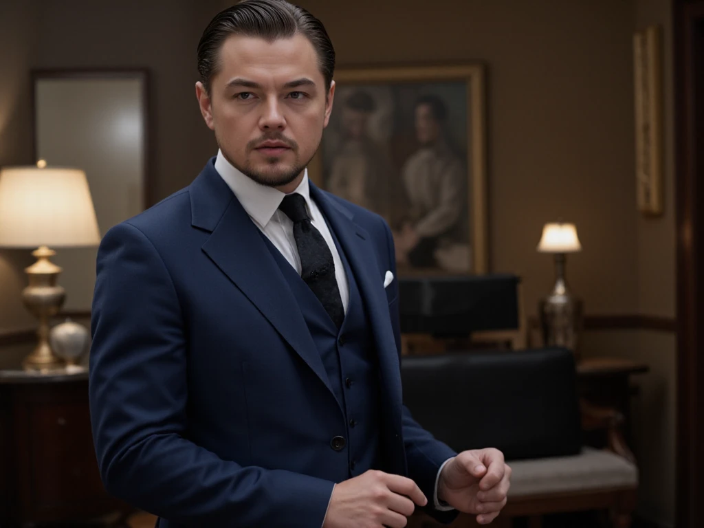 Leonardo DiCaprio standing ,  in a blue suit and white shirt,  playing a scammer in a film set in the 1930s