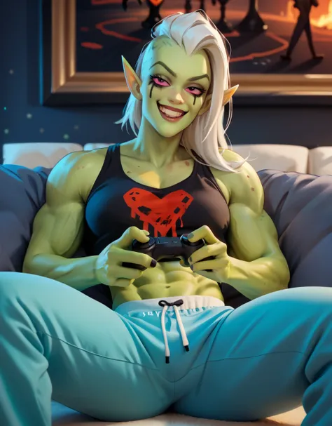 Lord dominator, looking at camera, Athletic, amazonian, muscular,, tight top, pajama pants, lounging, scratching abs, geeky, nerdy, playing video games, controller in hand, green skin, white hair, smiling, Masterpiece, High Resolution, Detail, 1girl, elf-l...