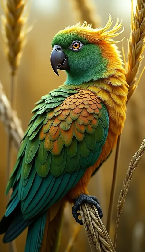 A surreal yet lifelike fusion of a parrot and dhan paddy, where the birds feathers are intricately textured and colored like golden and green paddy stalks, blending seamlessly with its natural body. The parrots tail resembles a cascading sheaf of ripe padd...