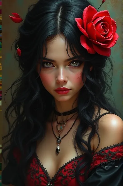 Black gypsy with red rose in her hair 