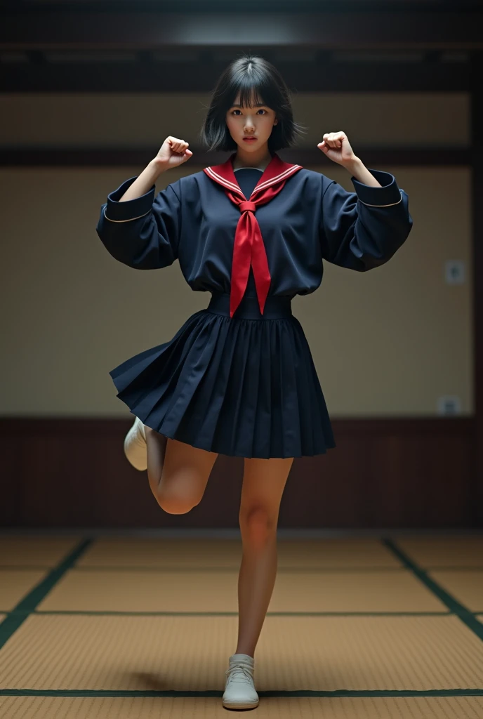 (8K, Raw photo, image quality, table top: 1.2), (realistic, Photoreal: 1.37), realistic depiction. A Japanese woman is wearing a sailor uniform of navy blue or other colors with a red scarf. She is wearing a slightly long pleated skirt of the same color as...