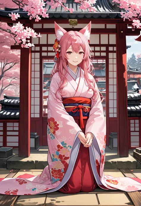 first visit of the year to a shrine,  Pink Hair, long hair、 wavy hair 、, fox ears、New Year、Kimono Girl, seiza,smile, top quality , masterpiece,  Representative works ,  Official Art ,  Professional , Super complex and detailed, 8k