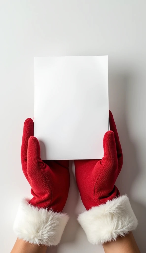 Santas hand holding a letter, close up shot from upside, only hands and letter are visible, empty white  letter, extremely detailed