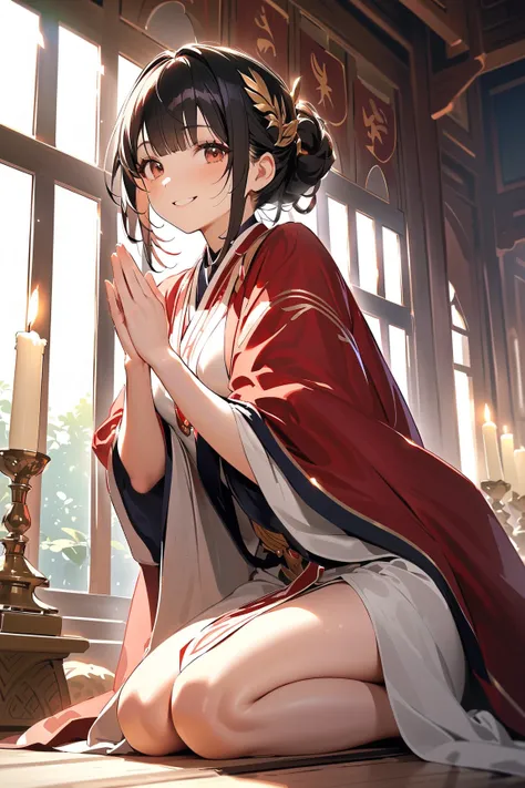 1 girl, (cute face), teenager, various hairstyles, (serene expression), (smiling softly), medium breasts, slim, (wearing fantasy game style ceremonial robe), floor length, (porcelain skin),  
BREAK  
Sacred temple, glowing candles, (kneeling in prayer:1.2)...