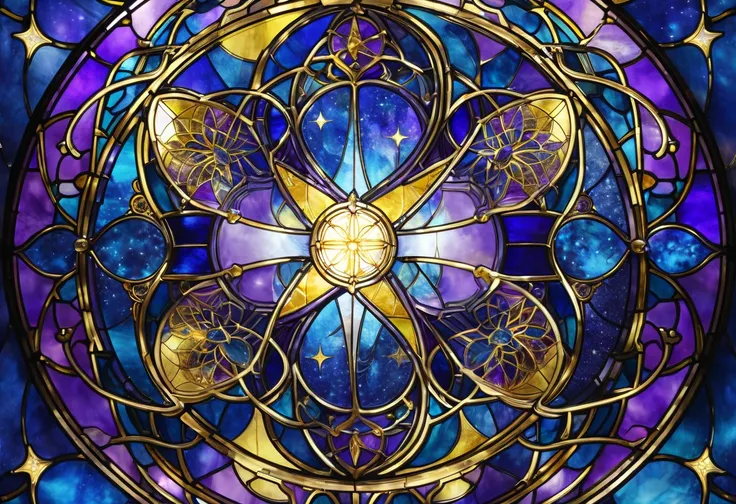  stained glass の窓に窓十二星座のLibraの絵。 a shiny golden balance floats in the air 、 The geometric design symbolizes overall balance。The blue and gold 、 purple color schemes are in harmony 、 The geometric design creates an elegant and transparent atmosphere 。Libra。...