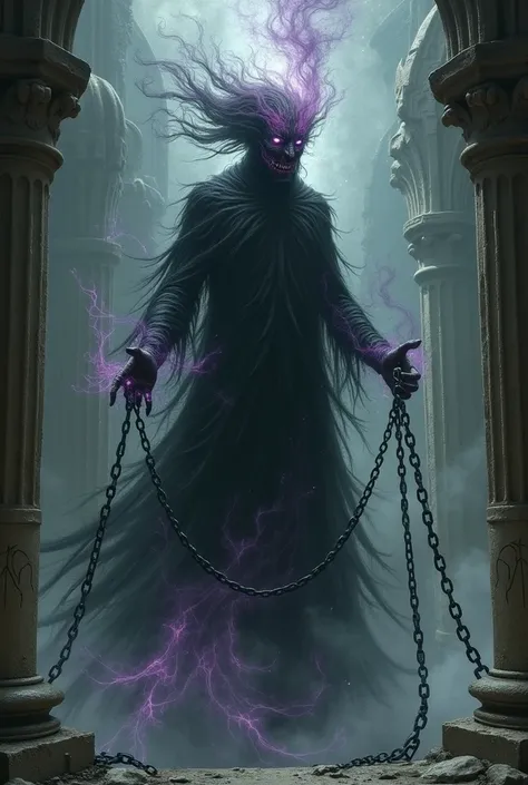 "A ghostly spirit of transformation, appearing as a dark, swirling figure with human features that flicker in and out of reality. The spirit is surrounded by chains and dark, ethereal flames, with gothic architectural elements crumbling around it. The figu...