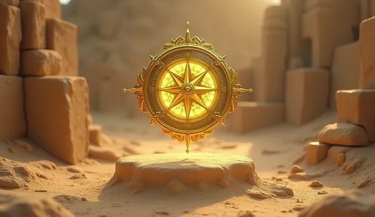 In a desert scene of dusty Egyptian stone piles ，A golden, yellow-green, and luxurious compass floats，surrealism, futurism, 8k, UHD, masterpiece, accurate, super detail, high details, high quality,  highres icon, best quality