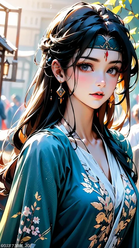 masterpiece:1.3,  top quality , ultra-high resolution,  super detailed ), (realistic, photorealistic:1.4),  Beautiful illustration ,Chinese style，
 Perfect lighting,   Aqua Blue Eyes , Tattoo, dark skin， Blue Black Hair ，
 natural light,  Depth of writing ...