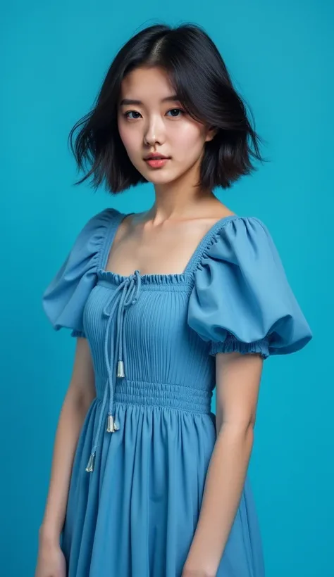 21-year-old girl,  black flowing hair, Stand confidently in front of a bright blue background. One wearing a blue drawstring pleated dress，Short hair， poses for a photo，Put on a nice look，Half-length portrait，charm， detailed facial features 