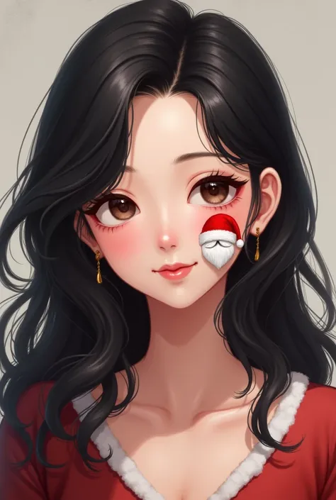 Young woman with dark long dark hair has a cute patch on her cheek with a Santa Claus.  Nahbild