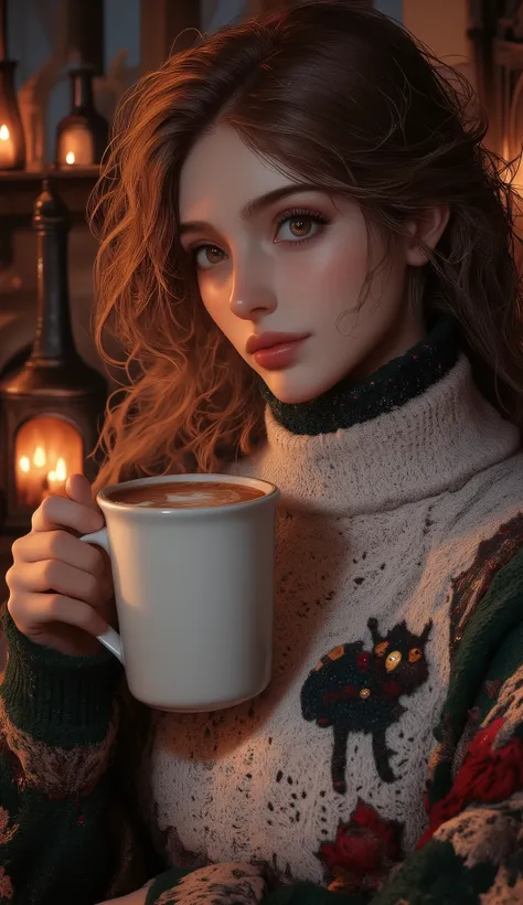 A beautiful woman with beautiful eyes:1.2, detailed eyes, beautiful full lips, highly detailed eyes and faces, long eyelashes, cute expression, smile, sitting:1.4, holding a cup of hot latte, homely background, Christmas sweater, fireplace, warm light, det...