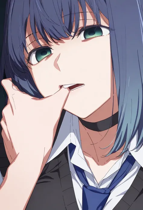 masterpiece, best quality, 1girl, solo, akane kurokawa, blue hair,, white shirt, blue necktie, choker, black sweater vest, large breasts, close up, finger in another mouth, empty look, portrait view