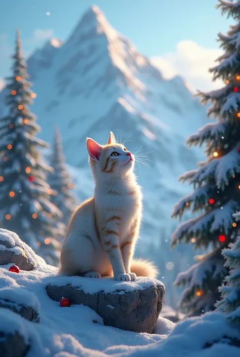 Canta cat in snow mountain around cristmas tress