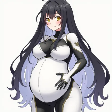 anime girl, long hair, big pregnant, very big breasts, very big belly , hyper-pregnant girl , the biggest belly , anime style, high resolution, big breasts, hyper-pregnant girl with a big belly, half black, half white hair, yellow eyes, smile, keep your fi...