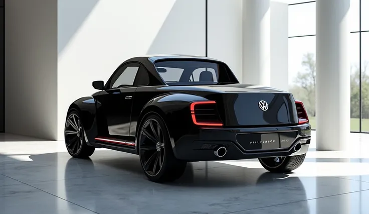 A full back view full Hd shiny black 2025 Volkswagen beetle pick up Truck in Luxery showroom