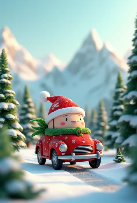 Car wearing cristmas dress and cap in snow mountain around cristmas trees