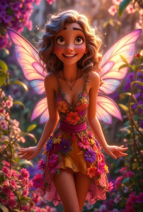 A cheerful, sparkling fairy with colorful wings, wearing a flowing dress made of petals and leaves. She has bright, twinkling eyes and a soft, magical glow surrounding her. Her wings are iridescent, glowing with hues of pink, purple, and blue, and her hair...