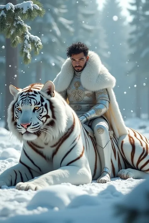  young and handsome Sundanese knight ,black curly hair, wearing epic and colossal combat armor ,white, with fluffy white collar , lying on the body of a large and gallant White tiger,on top of white snow , set against snowy pine forest , with falling snow ...