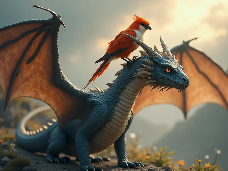 "Create a stunning full-frame image that combines a realistic depiction of a dragon and a bird in a harmonious scene. The dragon should be portrayed with intricate details, showcasing its scales and majestic wings, while the bird should be vibrant and live...