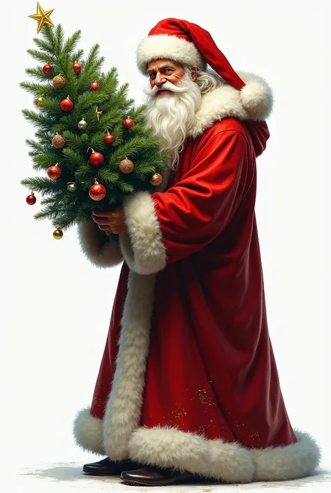 Russian Santa Claus carries a small Christmas tree with Christmas decorations,  side view, long fur coat, no background