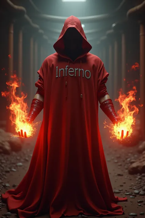 a man with a red hood with inferno written on his back with hands with bright red fireballsRendu 3D, 8K Octane, 