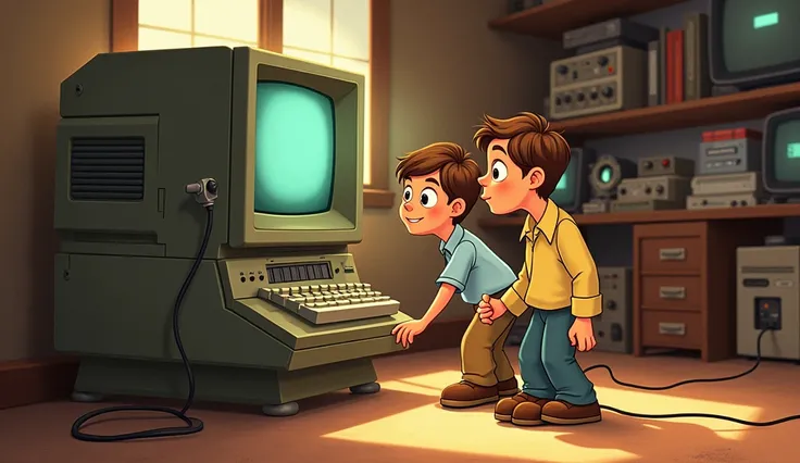 little Bill Gates and Paul Allen observing, checking a big old computer, Disney cartoon