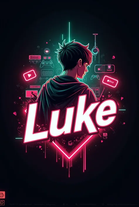 This is a gaming logo that features the name " Luke " in a futuristic font and a neon red and green color. and Boy Anime avtar, The logo also has a stylized controller icon and a YouTube play button in the background. The logo is designed to be attractive ...