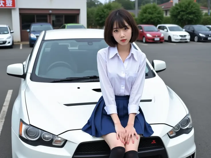 The image shows a young woman in a school uniform posing next to a white car Mitsubishi lancer EvolutionX. She sitting on the hood of a car. She is wearing a blue skirt, a white blouse, and black knee-high socks. Her hair is styled in a bob with bangs and ...