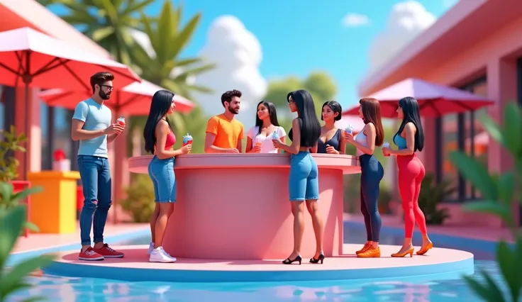 student party .  Students are sitting around a big stand,  standing next to the pool .  They are holding various drinks .Character 3D Colorful, colors, UITra , 3D rendering 