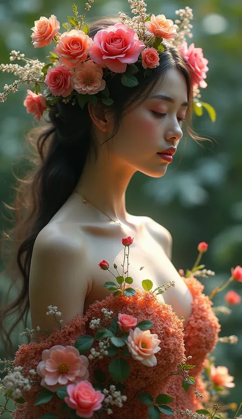 a beautiful woman made of flowers, delicate floral figure, playing foute, intricate flower petals, detailed floral body, ethereal flowery woman, dreamy flower maiden, gorgeous flora female, captivating botanical girl, enchanting flower lady, stunning flora...