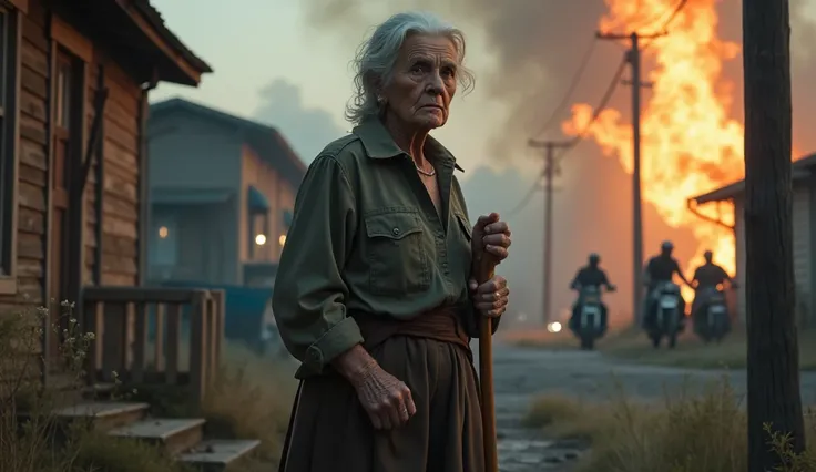 A 93-year-old woman with silver hair and a steely gaze, standing tall on her porch, gripping a walking cane with one hand and looking out over a town in chaos. In the background, smoke rises from burning buildings, and the faint silhouettes of bikers loom ...