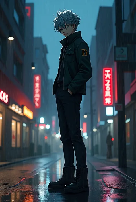 A tall anime guy with grey hair in the night street 