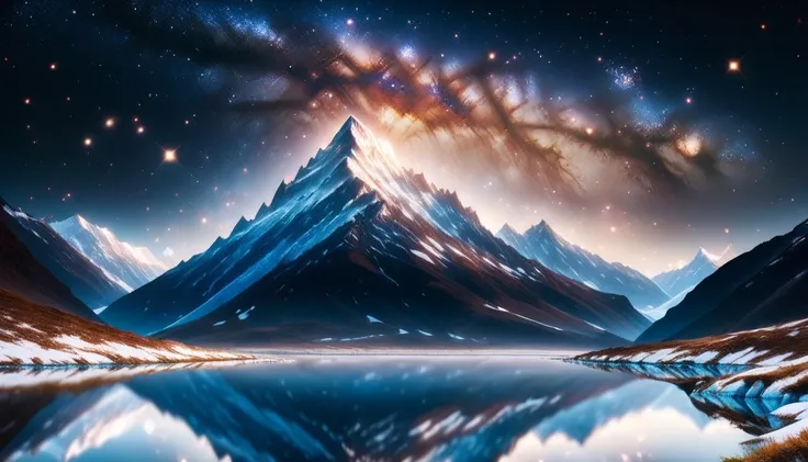  super high definition , high definition, High Quality ,Spectacular views, The huge Milky Way galaxy dazzles in the night sky 。Unbelievable stars 々The brilliance, stars of the Milky Way is reflected on a vast glacier 々The brillianceが反射している、 BREAK The glaci...