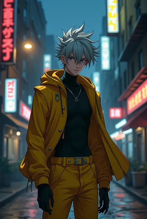 A tall anime guy with grey hair wearing yellow and black outfit in the night street 