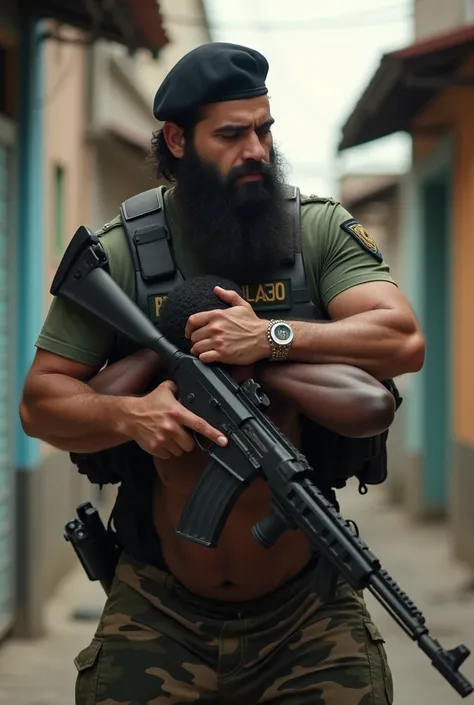 Persian tactical military police, short sleeve shirt, strong, large hairy and very bearded, armed with a shotgun and a black beret, tackling and searching a black spotted outlaw, of cueca,  with his hands over his head , In an alley street of a favela in B...