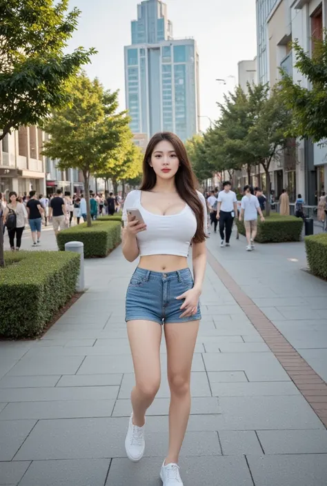 "Design a hyper-realistic half-body movie poster depicting a tall, stylish woman walking through a bustling park at a mall. Her modern crop top blouse and short hotpants jeans reflect contemporary Chinese street fashion. With her smartphone in hand, she co...