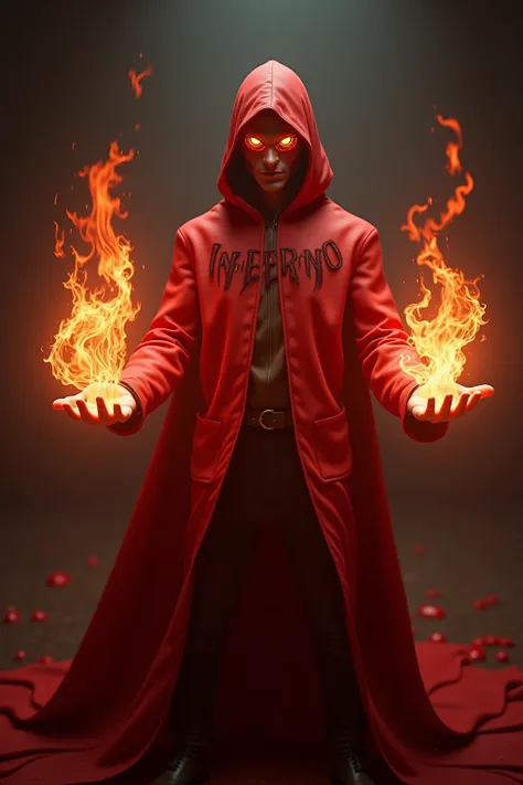 a man with a red hood with inferno written on his back with hands with bright red fireballs with flames coming out of his eyesRendu 3D, 8K Octane, 