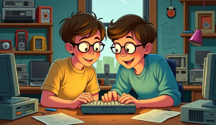 little Bill Gates and Paul Allen observing, checking an old computer, Disney cartoon